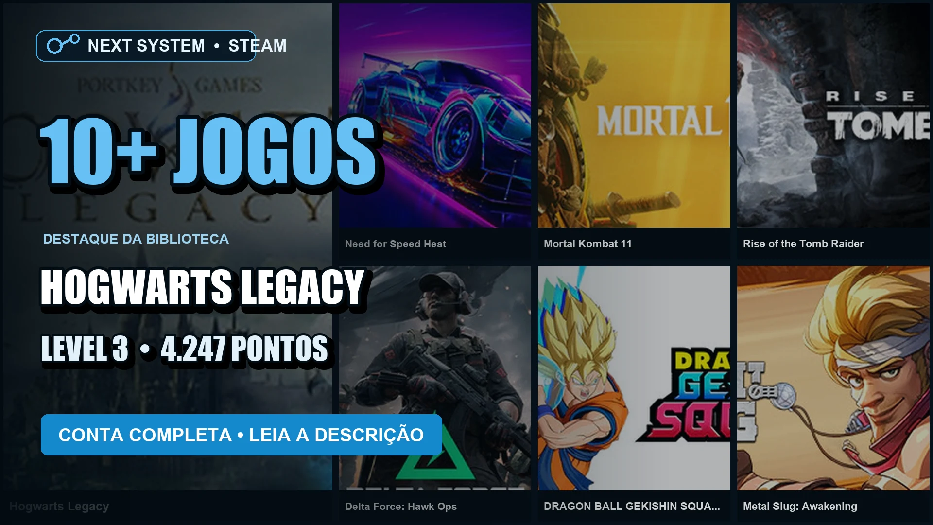 Conta Steam | 11 Jogos | Nível 3 | Hogwarts Legacy + Need for Speed Heat