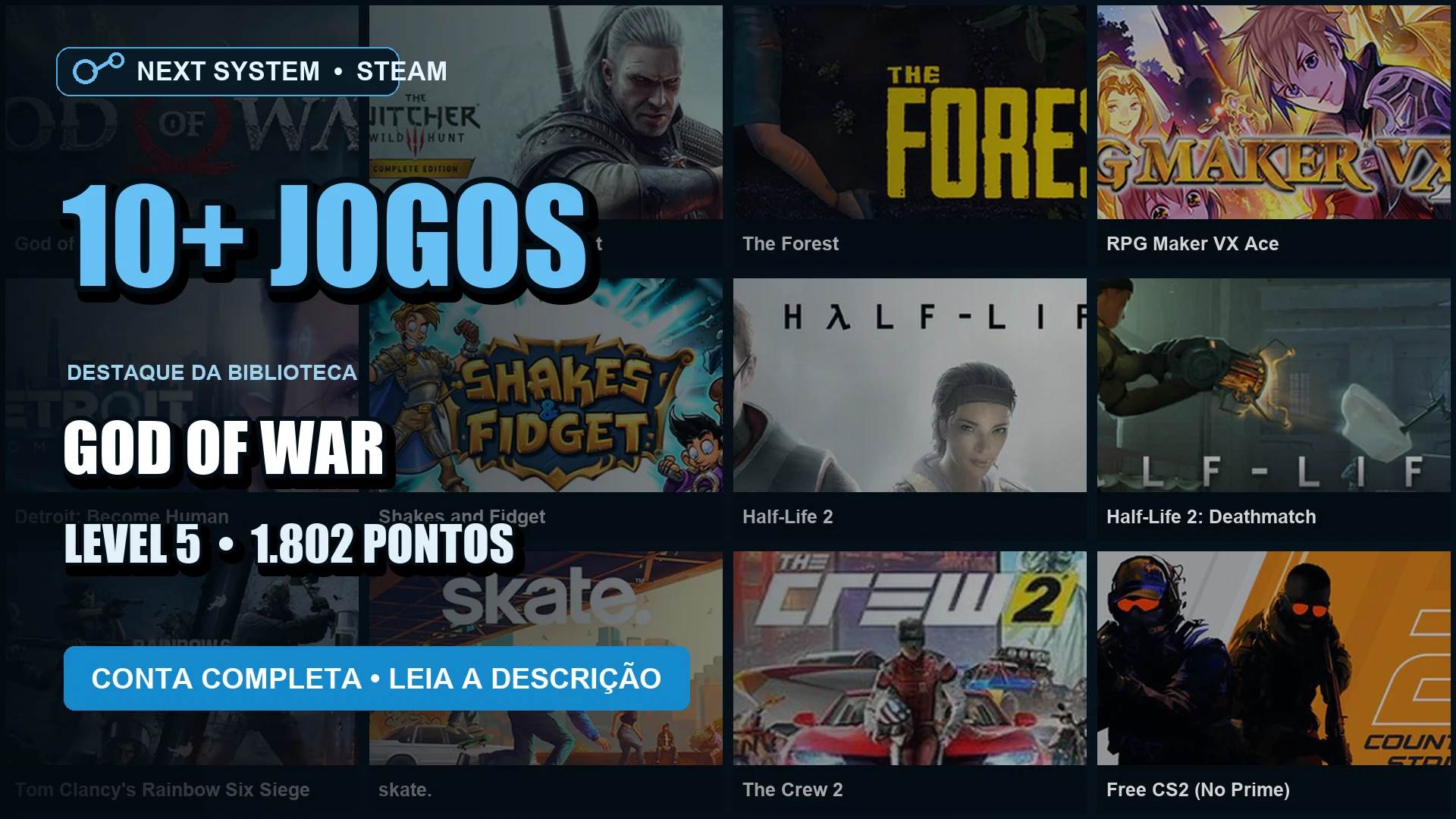 Conta Steam | 15 Jogos | Nível 5 | God of War + Detroit: Become Human