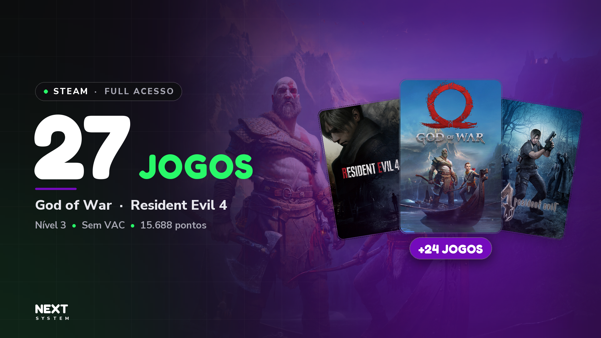 Conta Steam | 27 Jogos | Nível 3 | God of War + Resident Evil 4