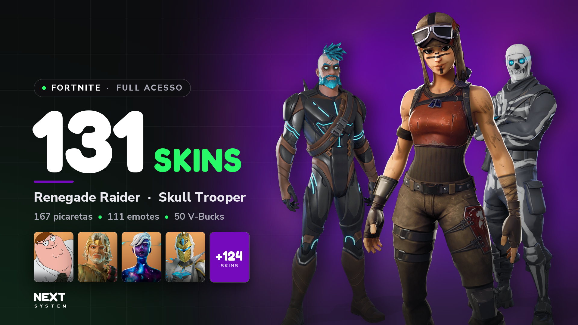 Conta Fortnite | 131 Skins | Renegade Raider + Skull Trooper