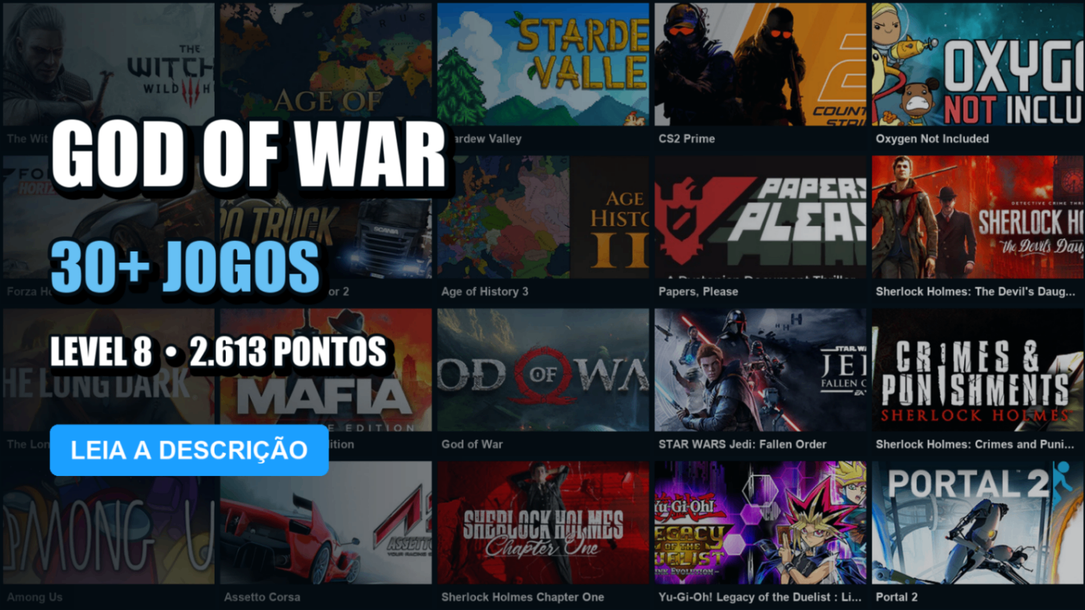 Conta Steam | 34 Jogos | Nível 8 | God of War + The Witcher 3: Wild Hunt