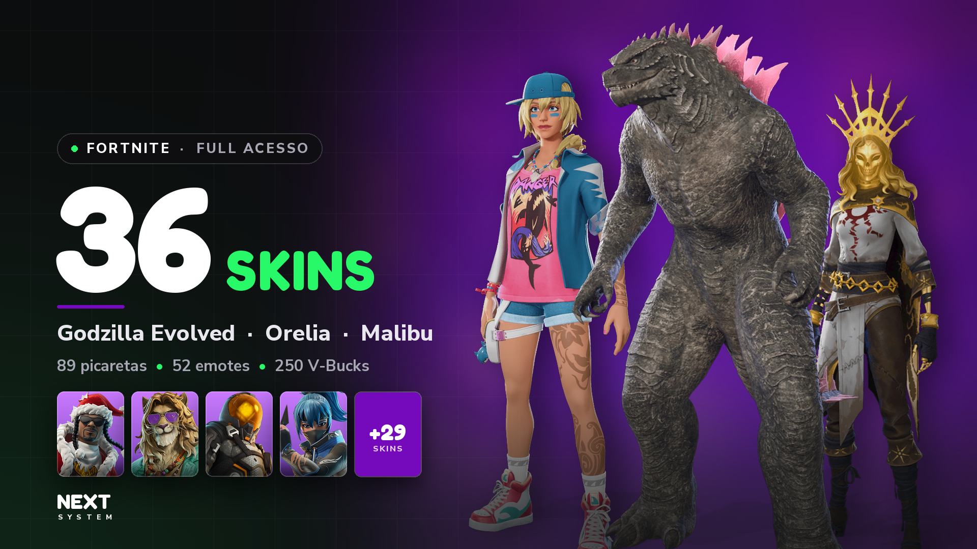 Conta Fortnite | 36 Skins | Godzilla Evolved + Orelia