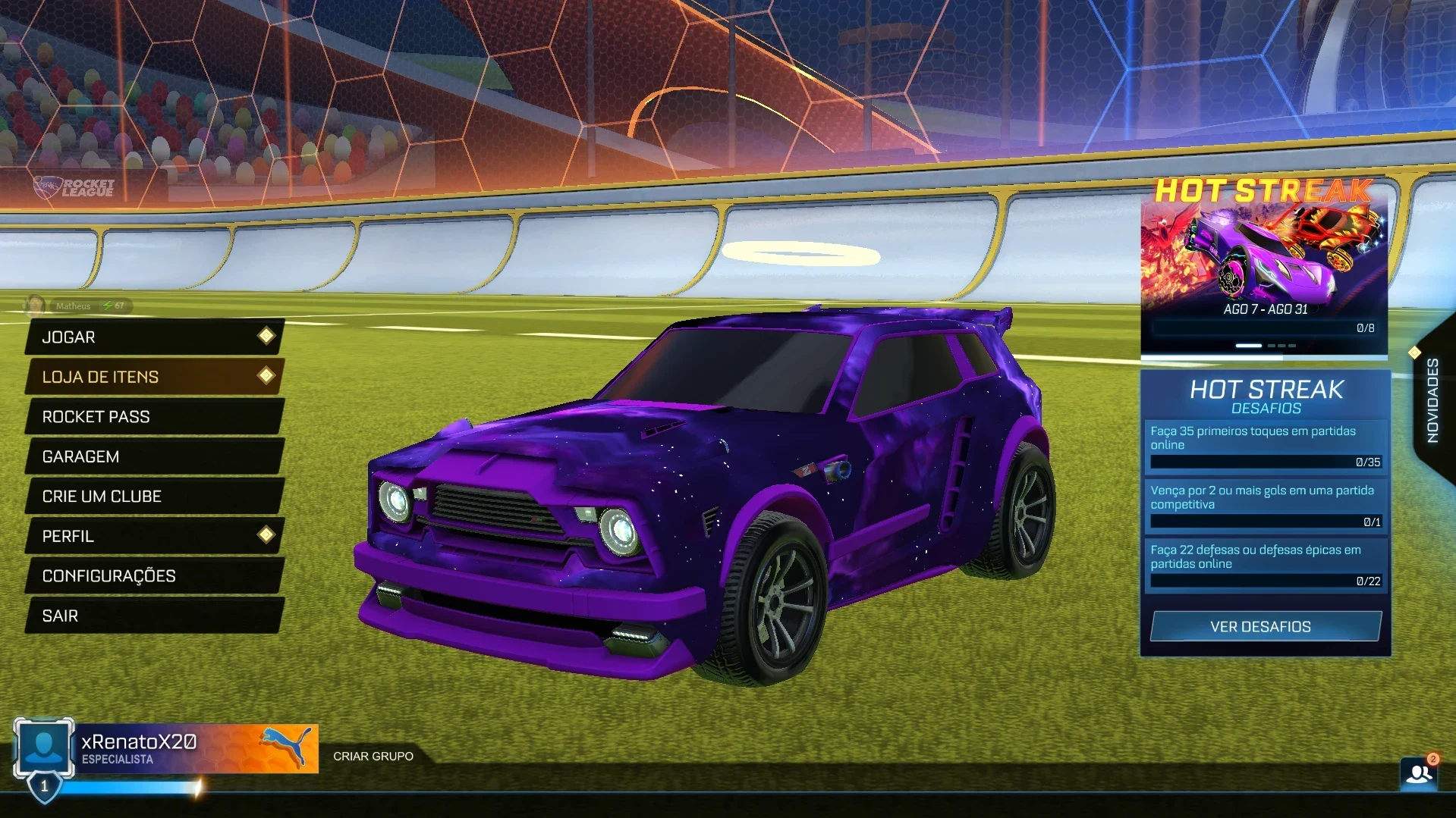 Conta Rocket League | Fennec Púrpura, Adesivo Interstellar e 116 Adesivos