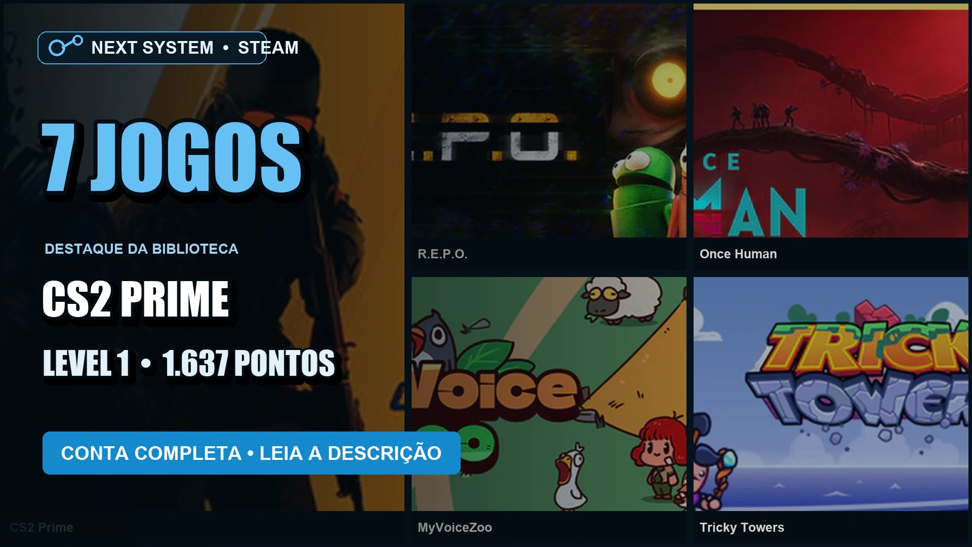 Conta Steam | 7 Jogos | Nível 1 | CS2 Prime + R.E.P.O.