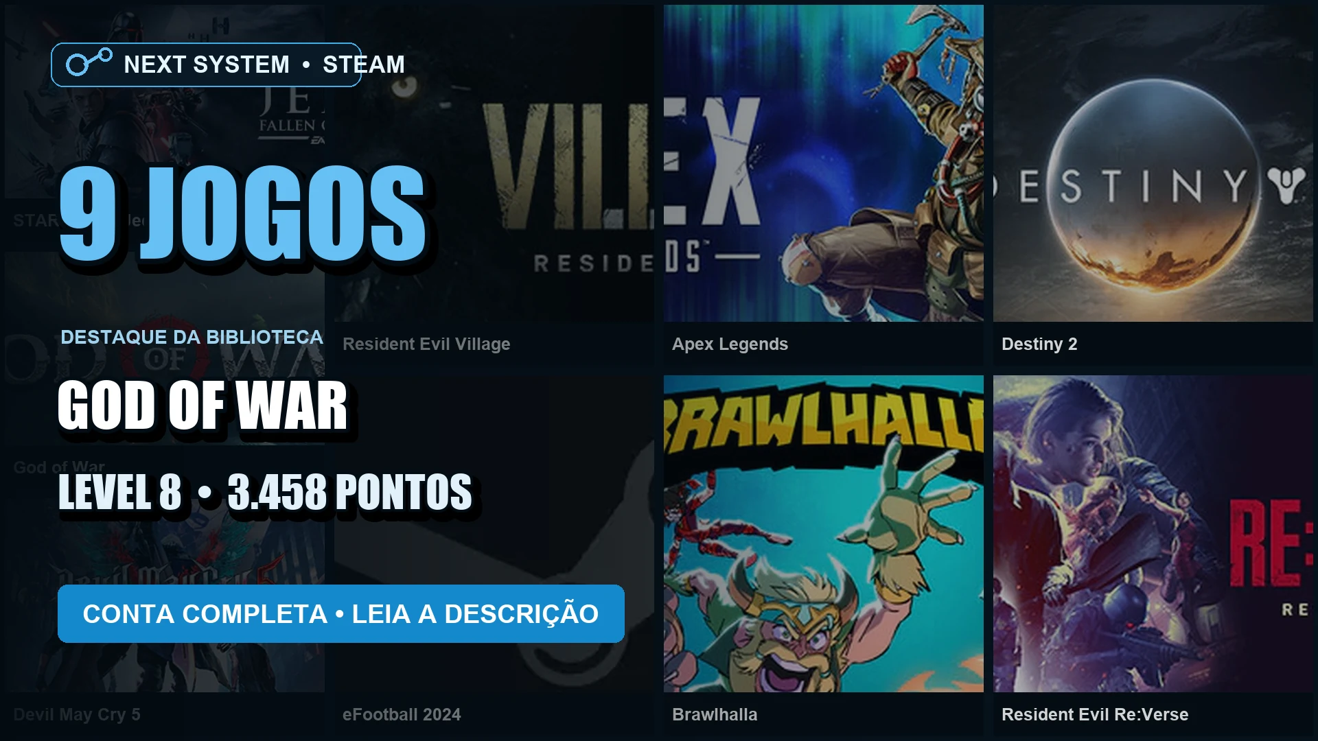 Conta Steam | 9 Jogos | Nível 8 | God of War + Resident Evil Village