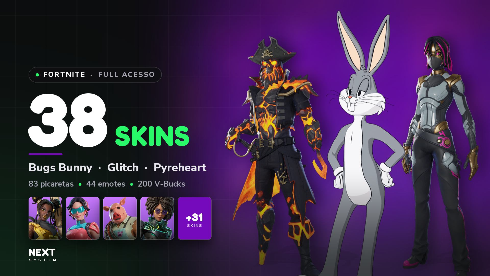 Conta Fortnite | 38 Skins | Bugs Bunny + Glitch